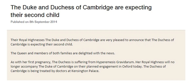 Skjermdump av pressemelding fra The Clarence House.