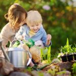 beautiful-young-woman-and-her-cute-son-planting-seedlings-in-bed-in-picture-id923089378